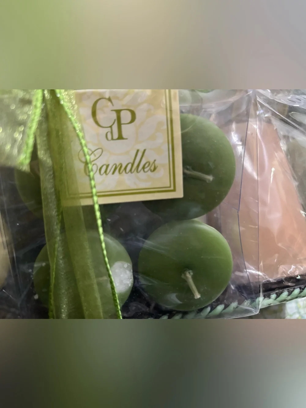 Embossed Olive Green Tin Basket with Candles